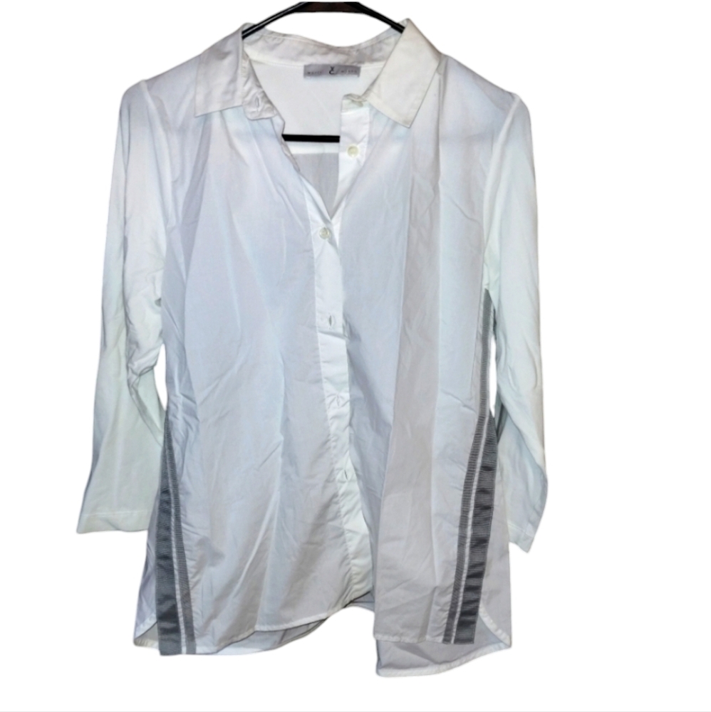 YC Milano WHYCI White Cotton Blouse gray stripe knit fabric sleeves
